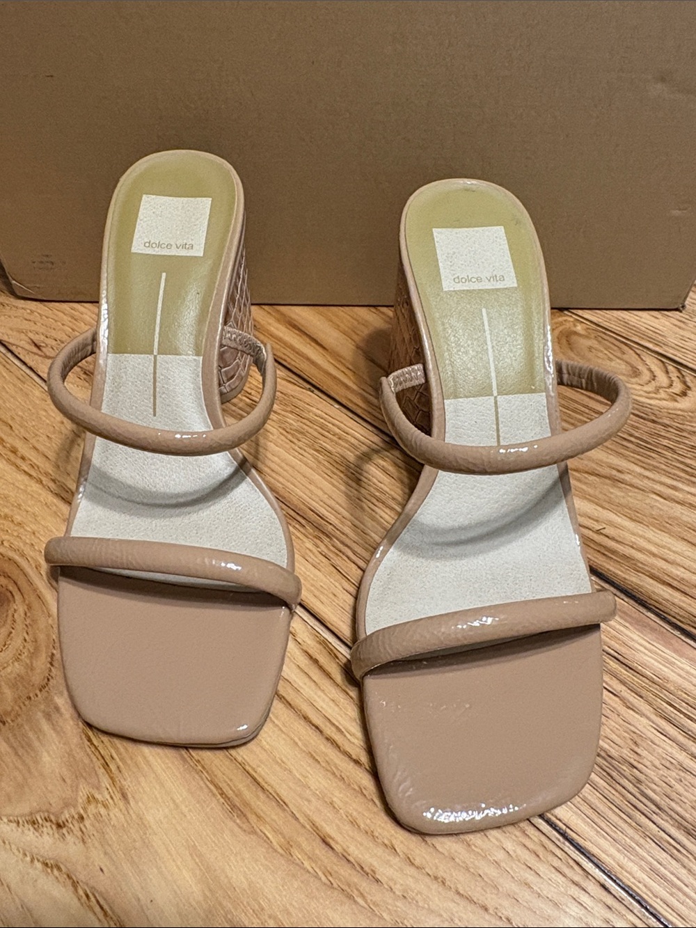 Dolce Vita Beige Patent Double-Strap Slide Heels